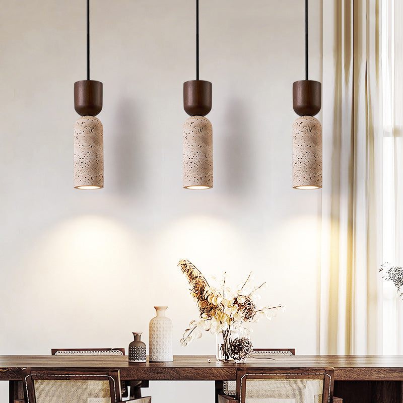 Modern Mid-Century Travertine & Solid Wood Cylindrical Funnel 1-Light Pendant Light For Bedroom And Living Room