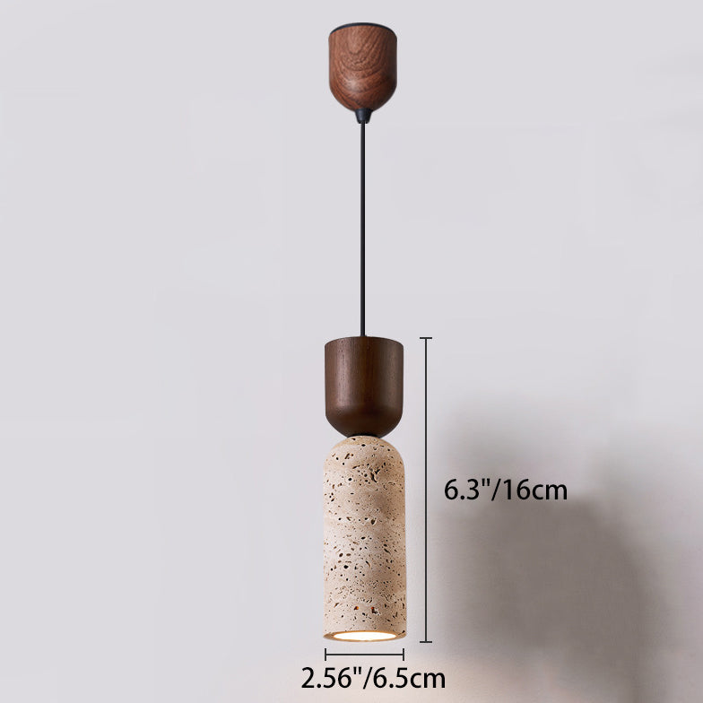 Modern Mid-Century Travertine & Solid Wood Cylindrical Funnel 1-Light Pendant Light For Bedroom And Living Room