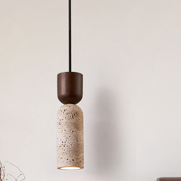 Modern Mid-Century Travertine & Solid Wood Cylindrical Funnel 1-Light Pendant Light For Bedroom And Living Room