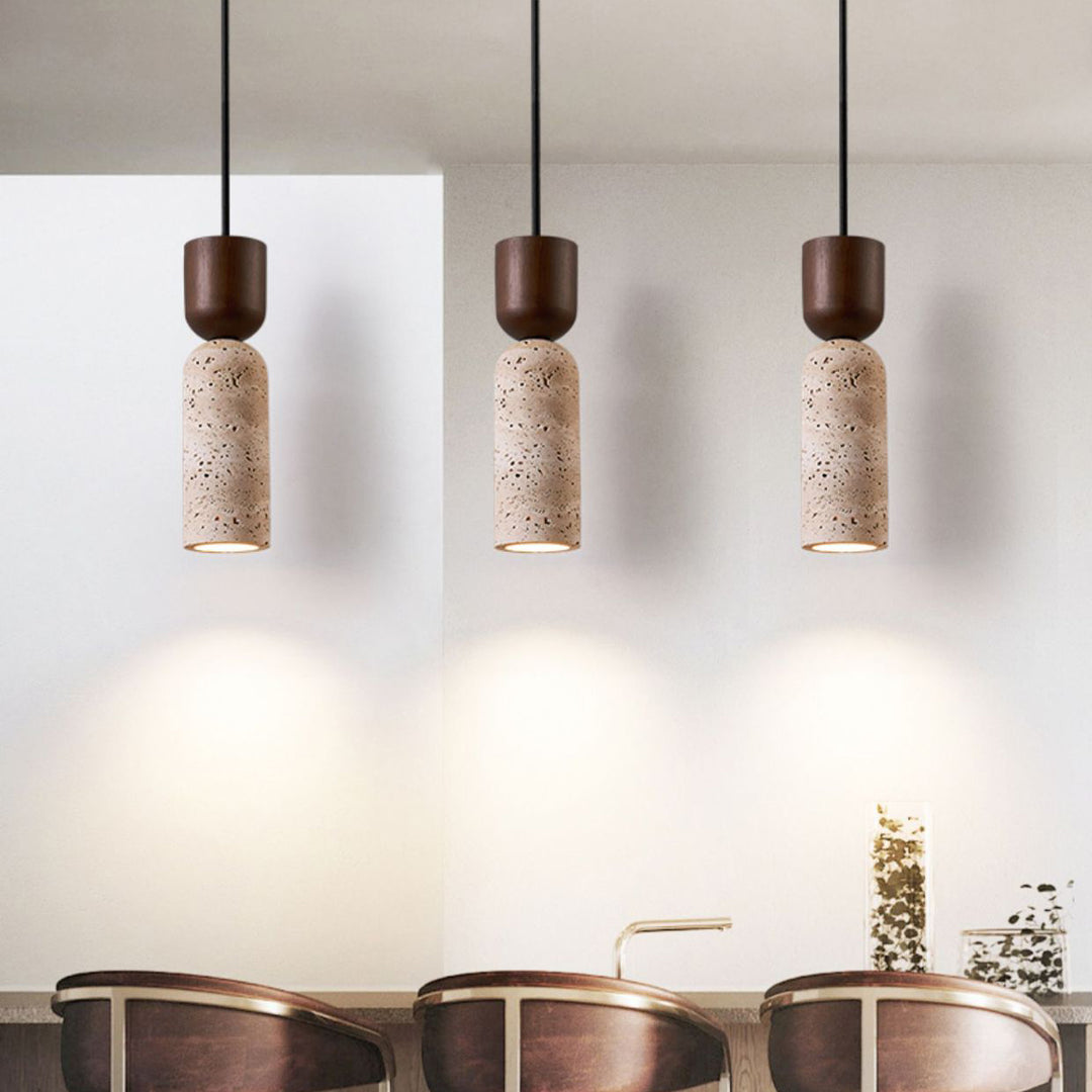 Modern Mid-Century Travertine &amp; Solid Wood Cylindrical Funnel 1-Light Pendant Light For Bedroom And Living Room