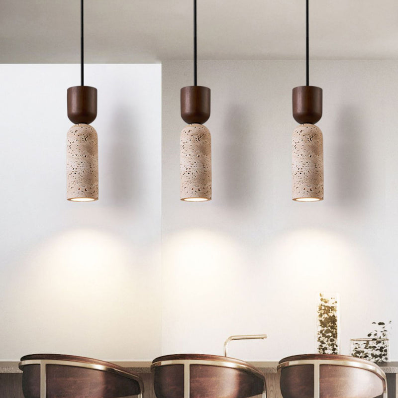 Modern Mid-Century Travertine & Solid Wood Cylindrical Funnel 1-Light Pendant Light For Bedroom And Living Room