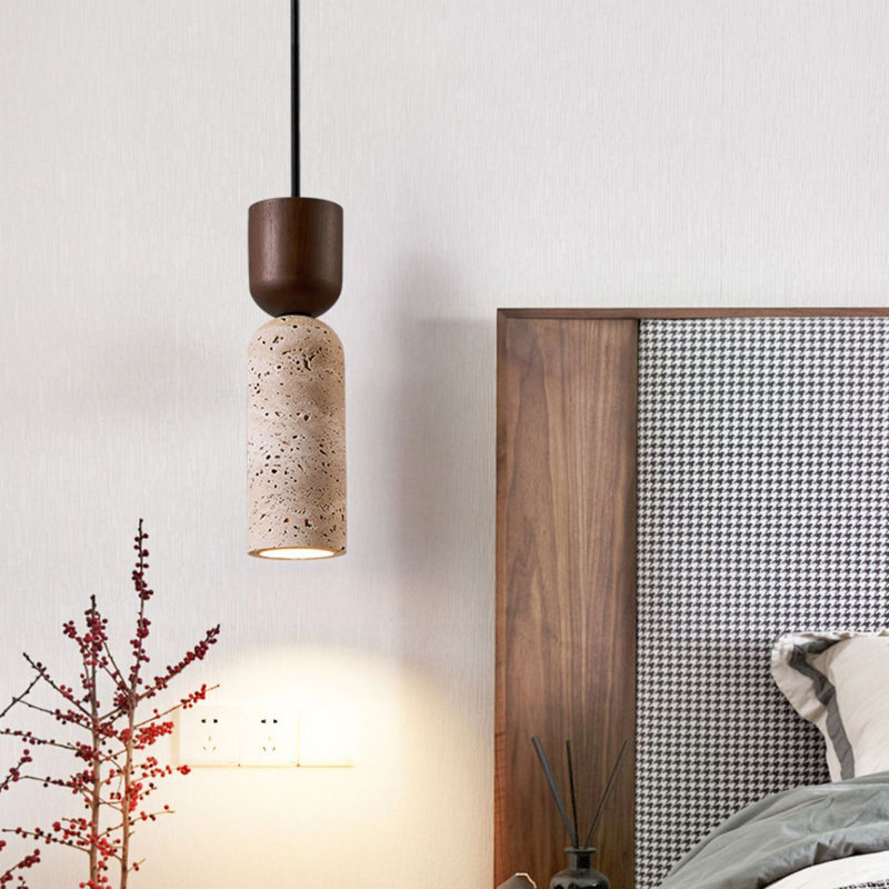 Modern Mid-Century Travertine & Solid Wood Cylindrical Funnel 1-Light Pendant Light For Bedroom And Living Room