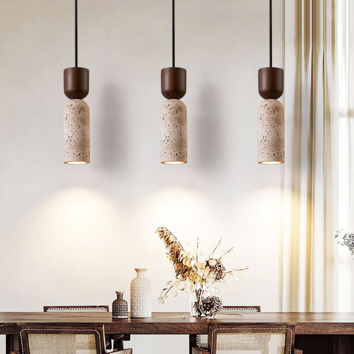 Modern Mid-Century Travertine &amp; Solid Wood Cylindrical Funnel 1-Light Pendant Light For Bedroom And Living Room