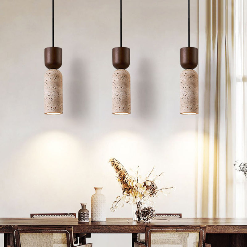 Modern Mid-Century Travertine & Solid Wood Cylindrical Funnel 1-Light Pendant Light For Bedroom And Living Room