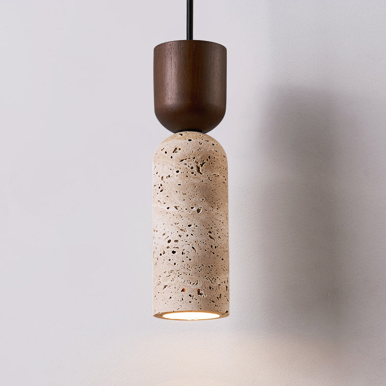 Modern Mid-Century Travertine & Solid Wood Cylindrical Funnel 1-Light Pendant Light For Bedroom And Living Room