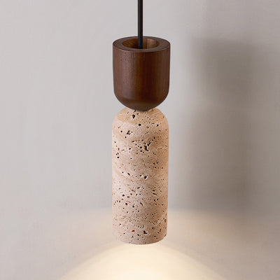 Modern Mid-Century Travertine & Solid Wood Cylindrical Funnel 1-Light Pendant Light For Bedroom And Living Room