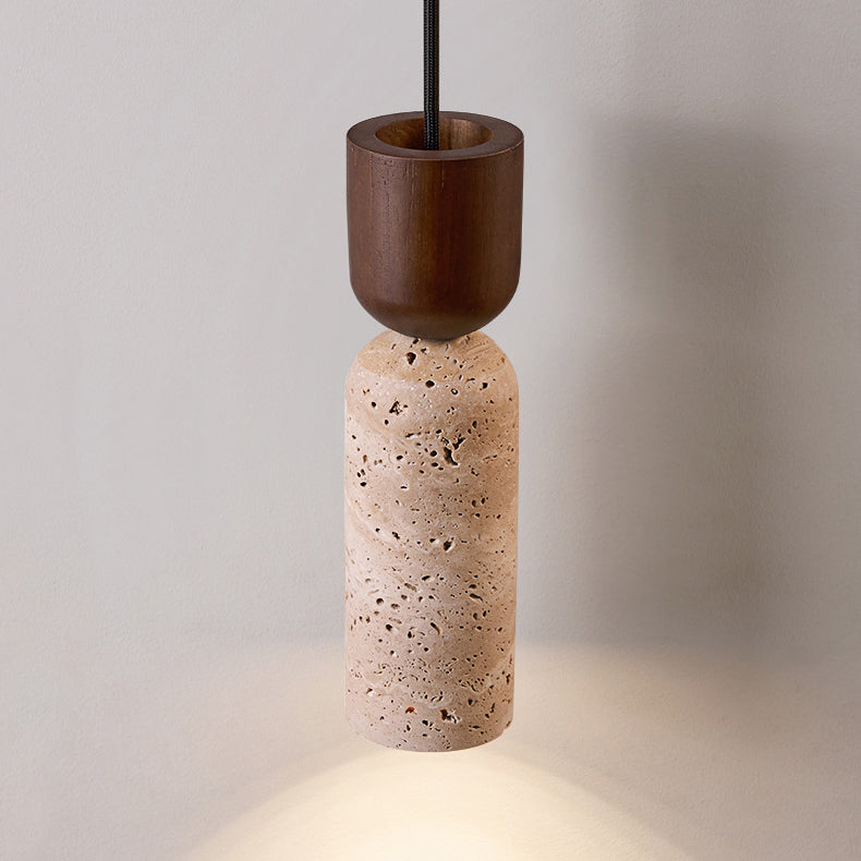 Modern Mid-Century Travertine & Solid Wood Cylindrical Funnel 1-Light Pendant Light For Bedroom And Living Room