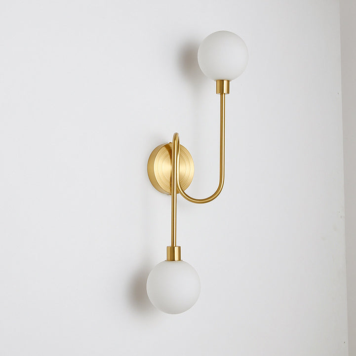 Modern Luxury Brass Curved Rod Globe Glass Shade 2-Light Wall Sconce Lamp For Bedroom &amp; Living Room