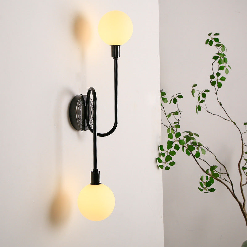 Modern Luxury Brass Curved Rod Globe Glass Shade 2-Light Wall Sconce Lamp For Bedroom & Living Room