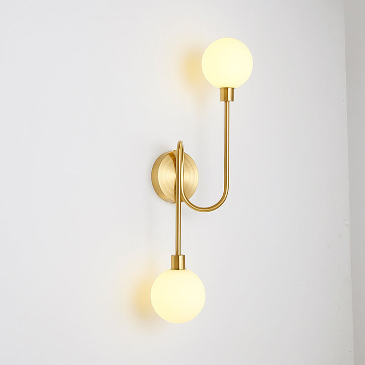Modern Luxury Brass Curved Rod Globe Glass Shade 2-Light Wall Sconce Lamp For Bedroom &amp; Living Room
