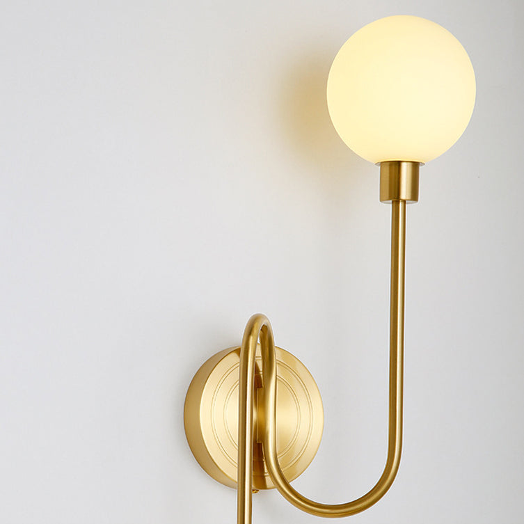 Modern Luxury Brass Curved Rod Globe Glass Shade 2-Light Wall Sconce Lamp For Bedroom & Living Room
