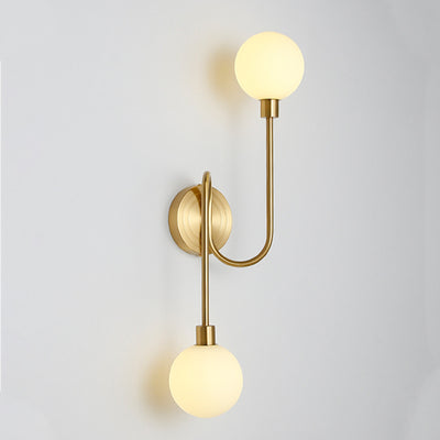 Modern Luxury Brass Curved Rod Globe Glass Shade 2-Light Wall Sconce Lamp For Bedroom & Living Room