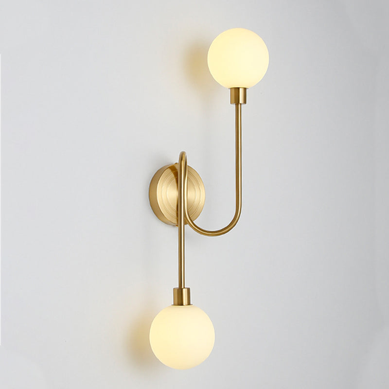 Modern Luxury Brass Curved Rod Globe Glass Shade 2-Light Wall Sconce Lamp For Bedroom & Living Room