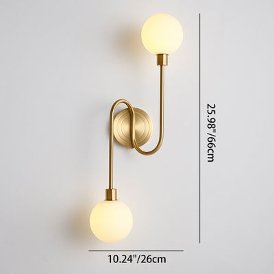 Modern Luxury Brass Curved Rod Globe Glass Shade 2-Light Wall Sconce Lamp For Bedroom & Living Room