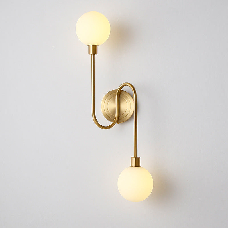 Modern Luxury Brass Curved Rod Globe Glass Shade 2-Light Wall Sconce Lamp For Bedroom & Living Room