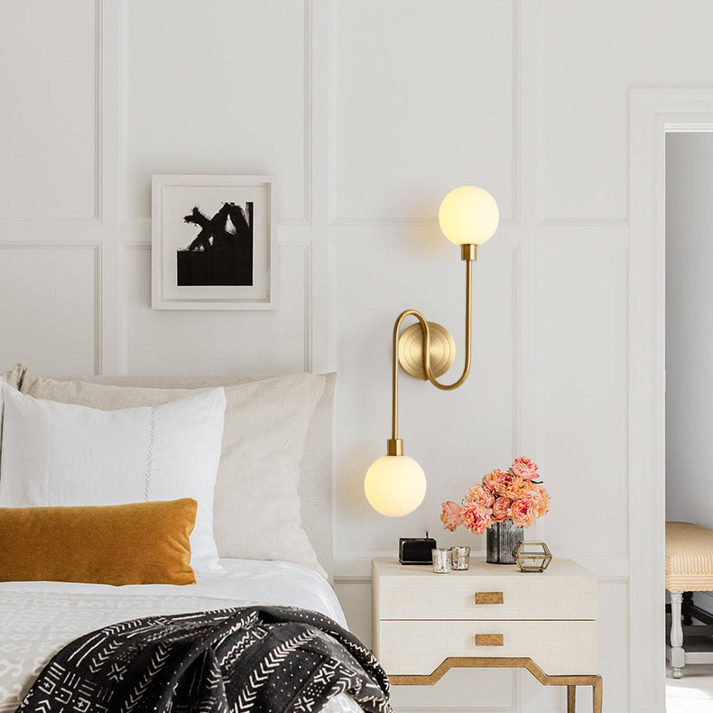 Modern Luxury Brass Curved Rod Globe Glass Shade 2-Light Wall Sconce Lamp For Bedroom & Living Room