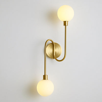 Modern Luxury Brass Curved Rod Globe Glass Shade 2-Light Wall Sconce Lamp For Bedroom & Living Room