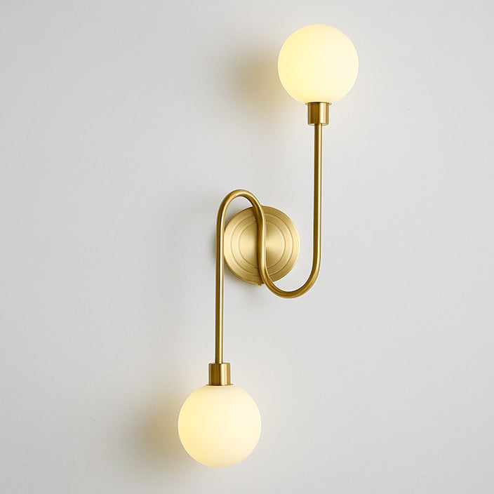 Modern Luxury Brass Curved Rod Globe Glass Shade 2-Light Wall Sconce Lamp For Bedroom & Living Room
