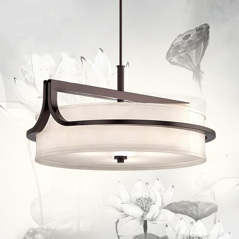 Traditional Chinese Iron & Fabric Round 3-Light Pendant Light For Living Room & Dining Room