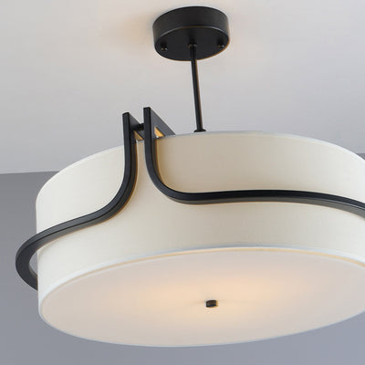 Traditional Chinese Iron & Fabric Round 3-Light Pendant Light For Living Room & Dining Room