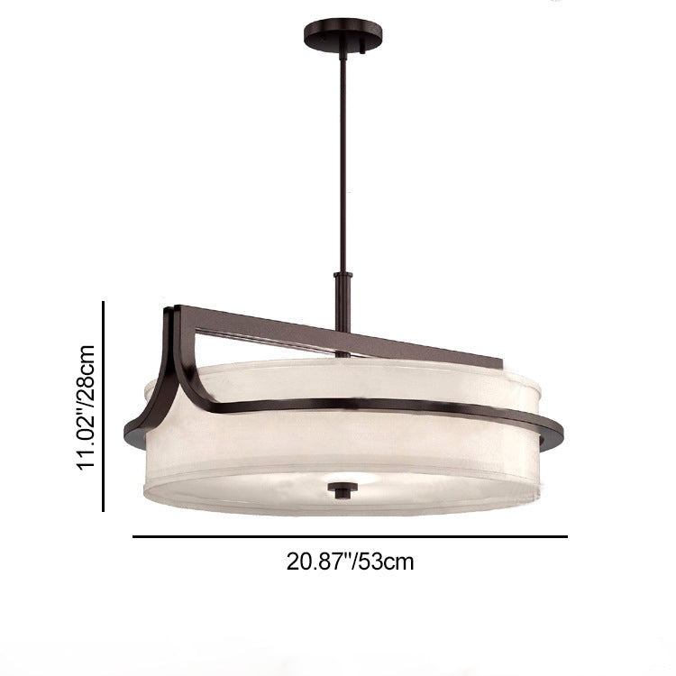 Traditional Chinese Iron & Fabric Round 3-Light Pendant Light For Living Room & Dining Room