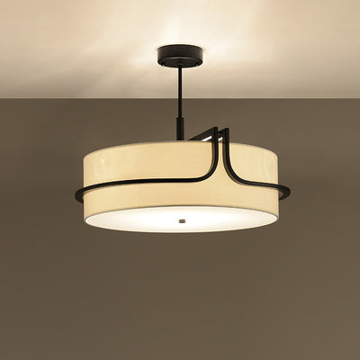 Traditional Chinese Iron & Fabric Round 3-Light Pendant Light For Living Room & Dining Room