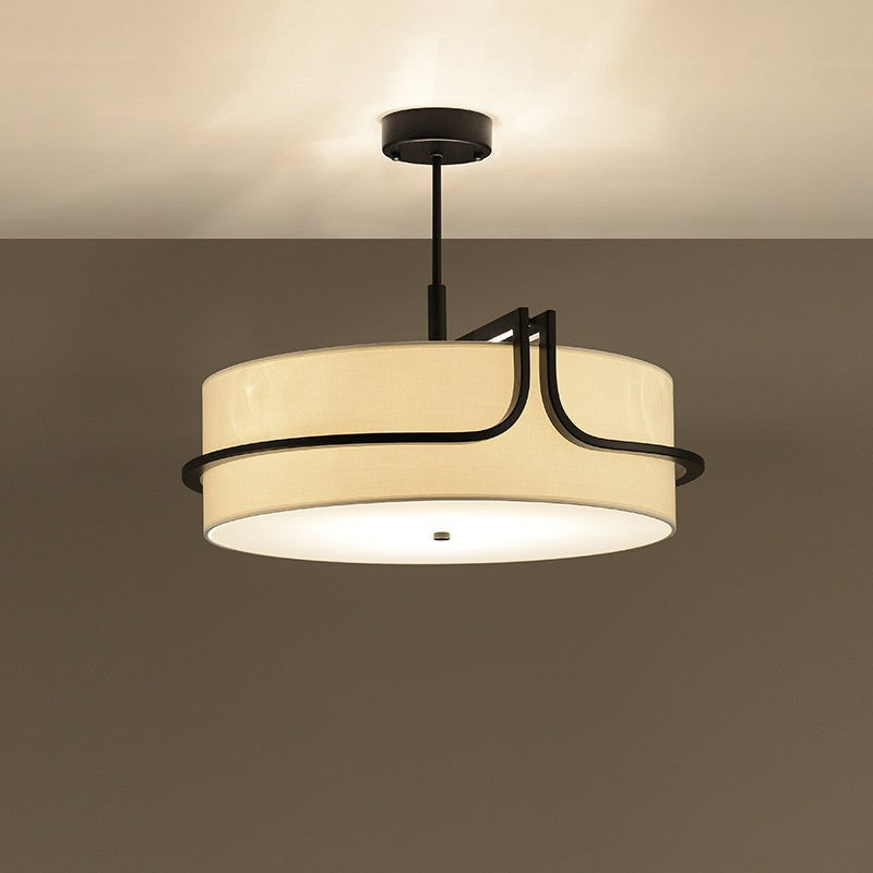 Traditional Chinese Iron & Fabric Round 3-Light Pendant Light For Living Room & Dining Room