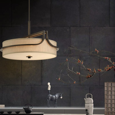 Traditional Chinese Iron & Fabric Round 3-Light Pendant Light For Living Room & Dining Room