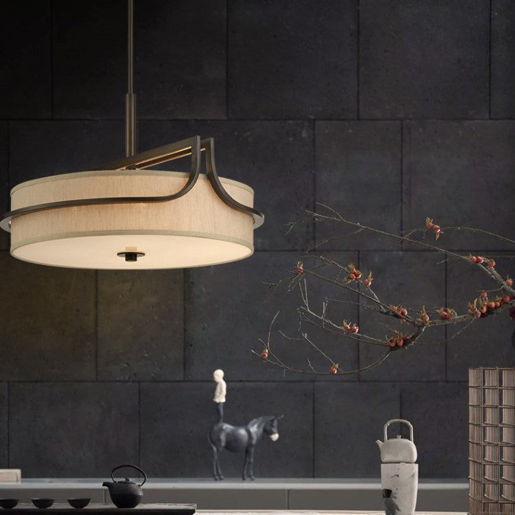 Traditional Chinese Iron & Fabric Round 3-Light Pendant Light For Living Room & Dining Room