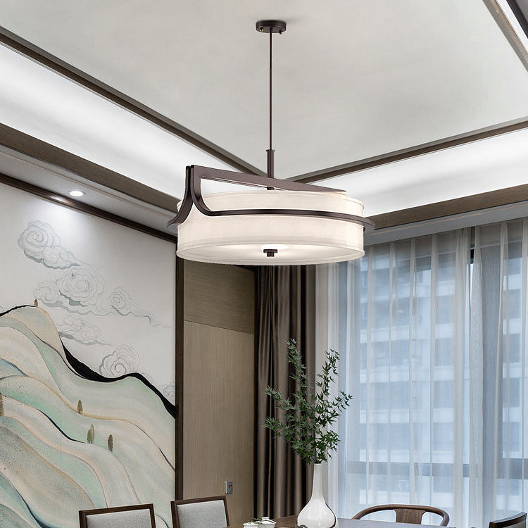 Traditional Chinese Iron & Fabric Round 3-Light Pendant Light For Living Room & Dining Room