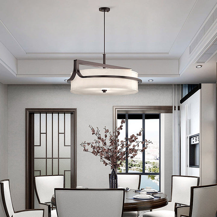 Traditionelle chinesische Eisen- &amp; Stoff-Runde 3-Licht-Pendelleuchte für Wohnzimmer &amp; Esszimmer 