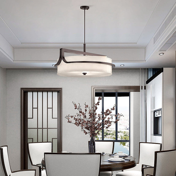 Traditional Chinese Iron & Fabric Round 3-Light Pendant Light For Living Room & Dining Room