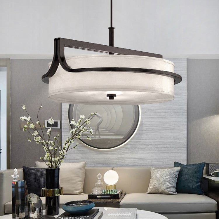Traditional Chinese Iron & Fabric Round 3-Light Pendant Light For Living Room & Dining Room