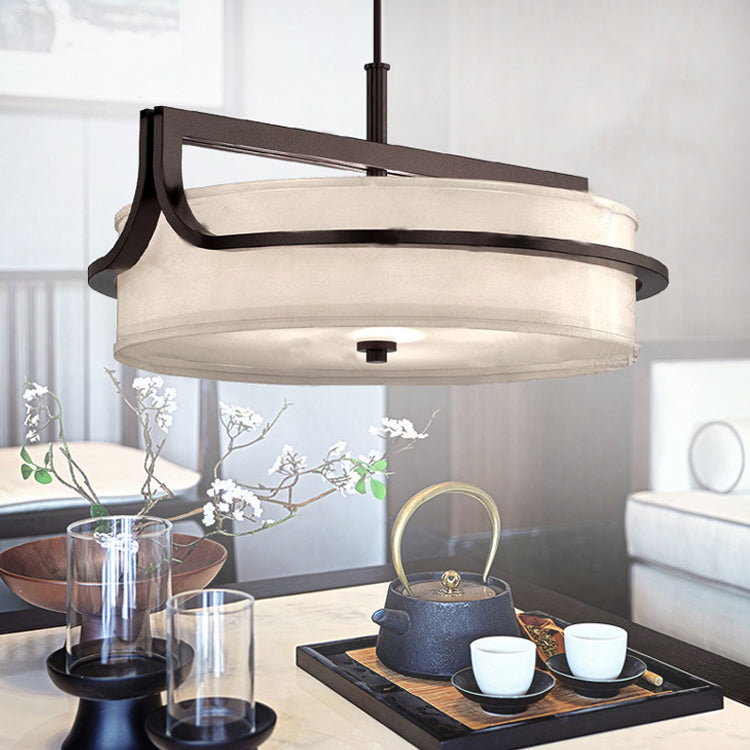 Traditional Chinese Iron & Fabric Round 3-Light Pendant Light For Living Room & Dining Room