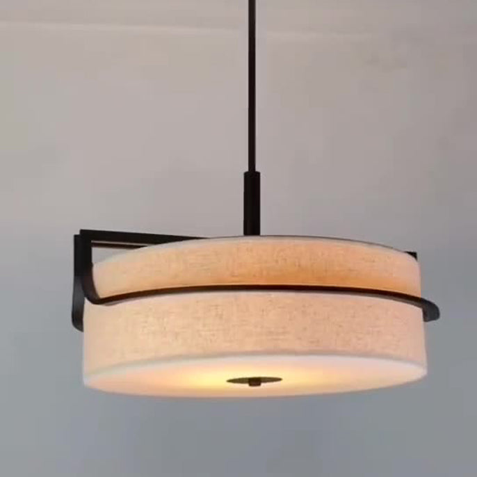 Traditional Chinese Iron & Fabric Round 3-Light Pendant Light For Living Room & Dining Room
