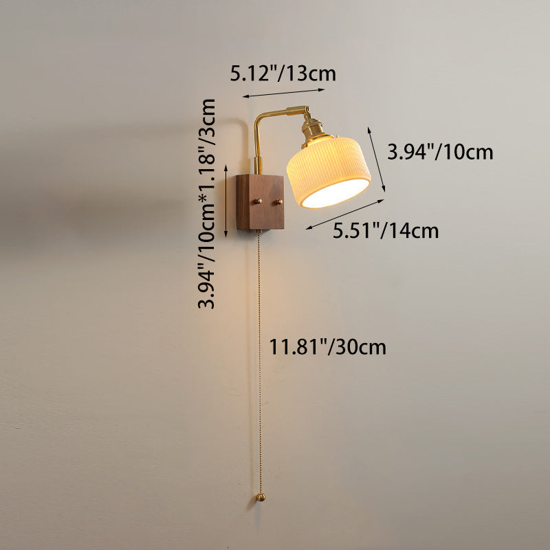 Traditional Vintage Brass &amp; Walnut Pleated Fabric Ceramic Shade 1-Light Wall Sconce Lamp For Bedroom &amp; Living Room