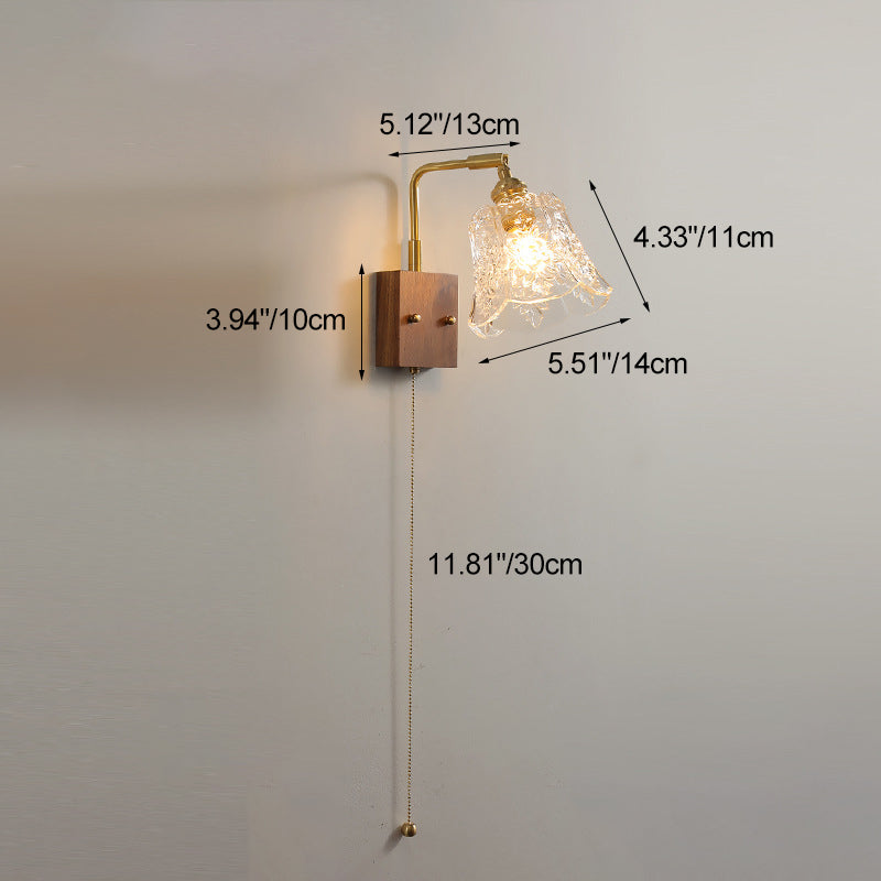 Traditional Vintage Brass &amp; Walnut Rose-Textured Glass 1-Light Wall Sconce Lamp For Bedroom &amp; Living Room