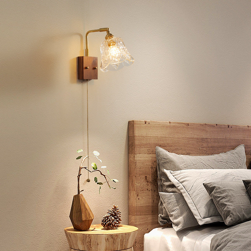 Traditional Vintage Brass &amp; Walnut Rose-Textured Glass 1-Light Wall Sconce Lamp For Bedroom &amp; Living Room