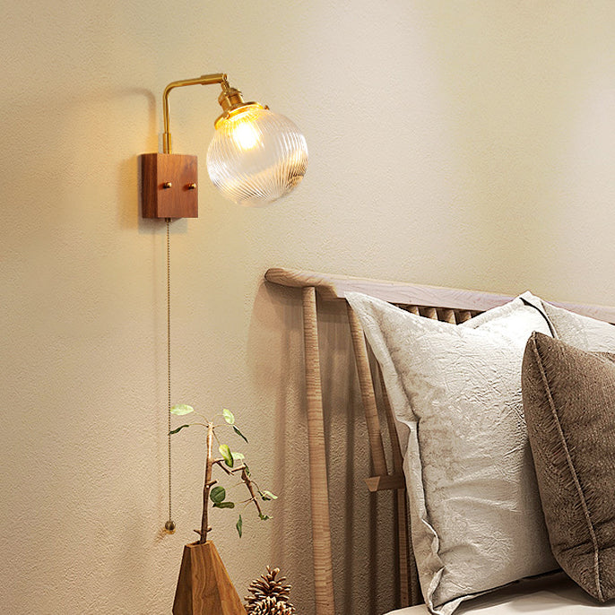 Traditional Vintage Brass &amp; Walnut Ribbed Globe Glass 1-Light Wall Sconce Lamp For Bedroom &amp; Living Room