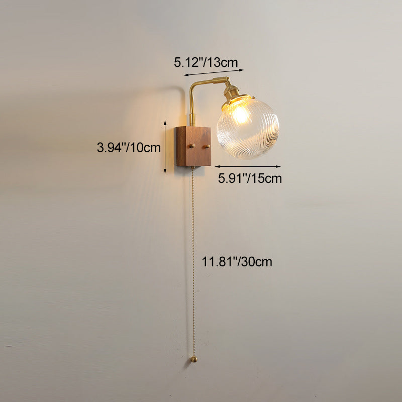 Traditional Vintage Brass &amp; Walnut Ribbed Globe Glass 1-Light Wall Sconce Lamp For Bedroom &amp; Living Room