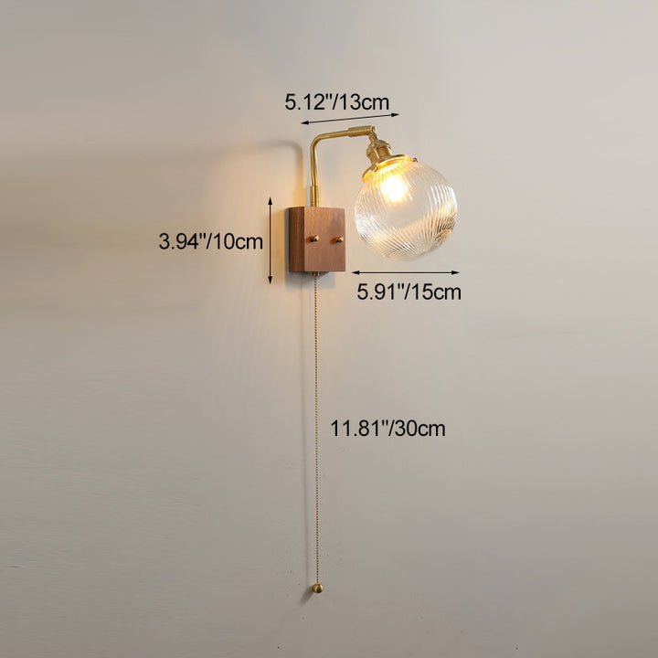 Traditional Vintage Brass &amp; Walnut Ribbed Globe Glass 1-Light Wall Sconce Lamp For Bedroom &amp; Living Room