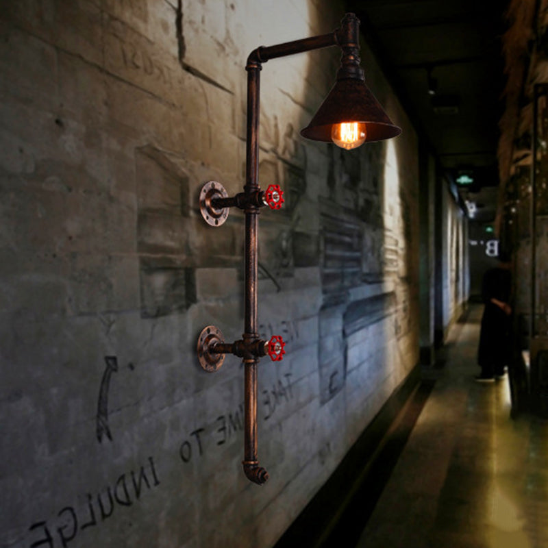 Contemporary Industrial Iron Pipe Cone Shade 1-Light Wall Sconce Lamp For Living Room & Bedroom