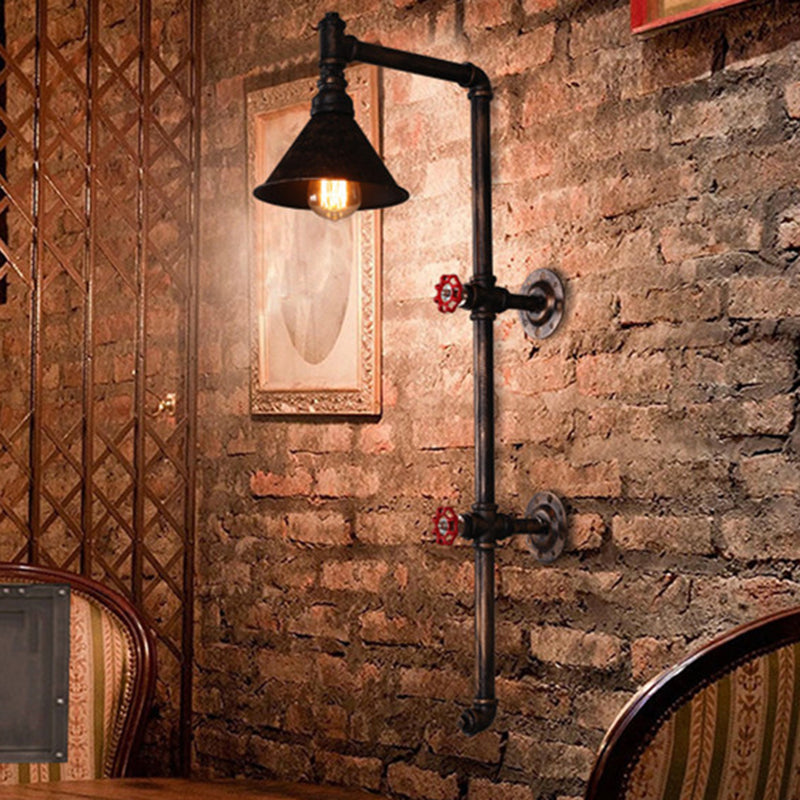 Contemporary Industrial Iron Pipe Cone Shade 1-Light Wall Sconce Lamp For Living Room & Bedroom