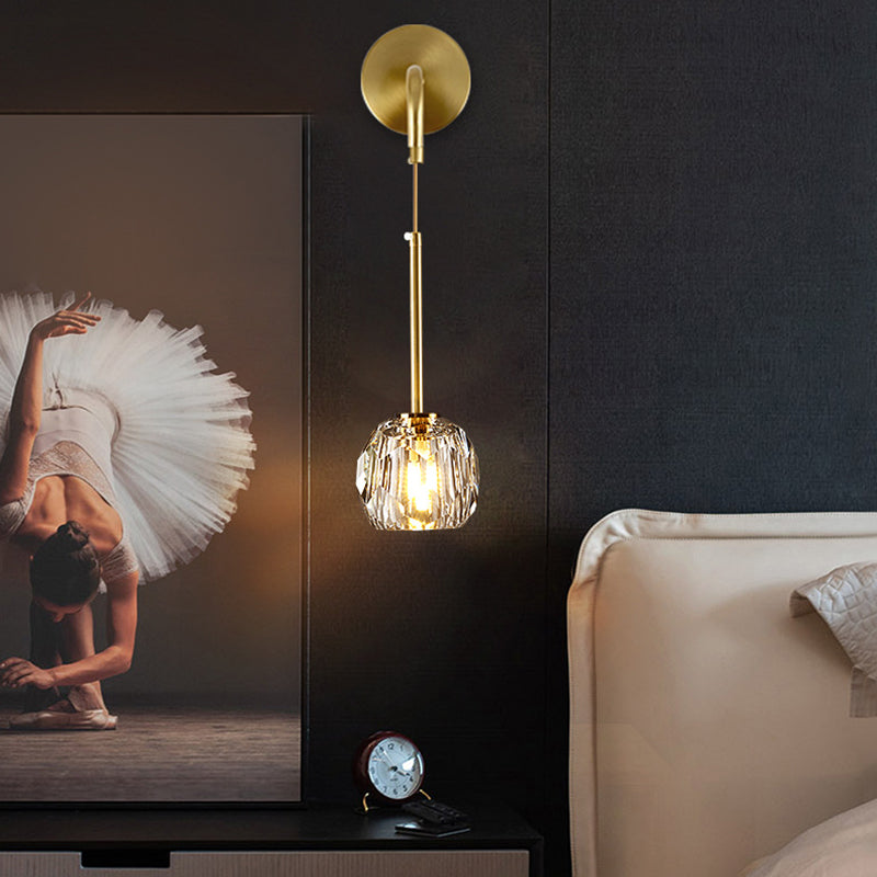 Modern Luxury Iron & Crystal Cylindrical 1-Light Wall Sconce Lamp For Bedroom & Living Room