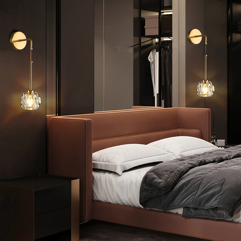 Modern Luxury Iron & Crystal Cylindrical 1-Light Wall Sconce Lamp For Bedroom & Living Room