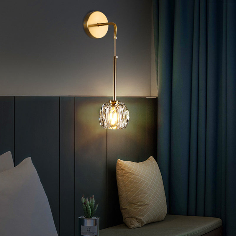 Modern Luxury Iron & Crystal Cylindrical 1-Light Wall Sconce Lamp For Bedroom & Living Room