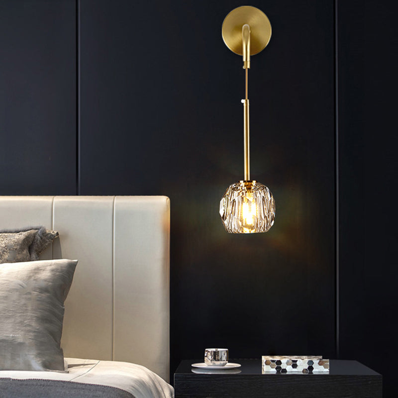 Modern Luxury Iron & Crystal Cylindrical 1-Light Wall Sconce Lamp For Bedroom & Living Room