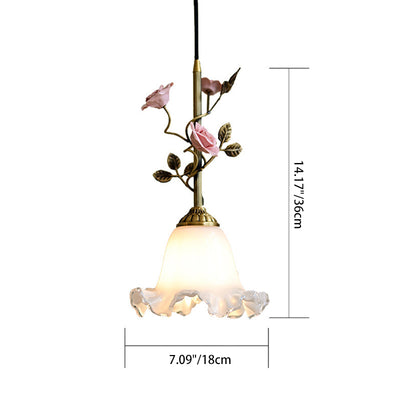 Traditional French Full Brass Glass Rose Dome 1-Light Pendant Light For Bedroom And Living Room