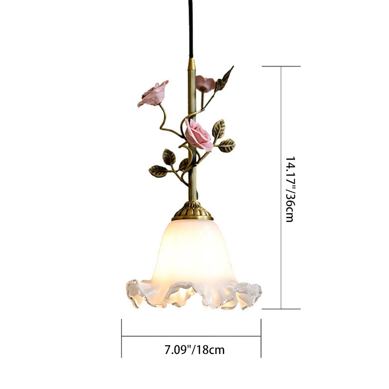 Traditional French Full Brass Glass Rose Dome 1-Light Pendant Light For Bedroom And Living Room