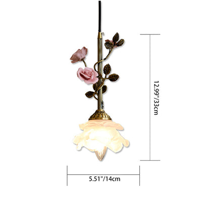 Traditional French Full Brass Glass Rose Dome 1-Light Pendant Light For Bedroom And Living Room